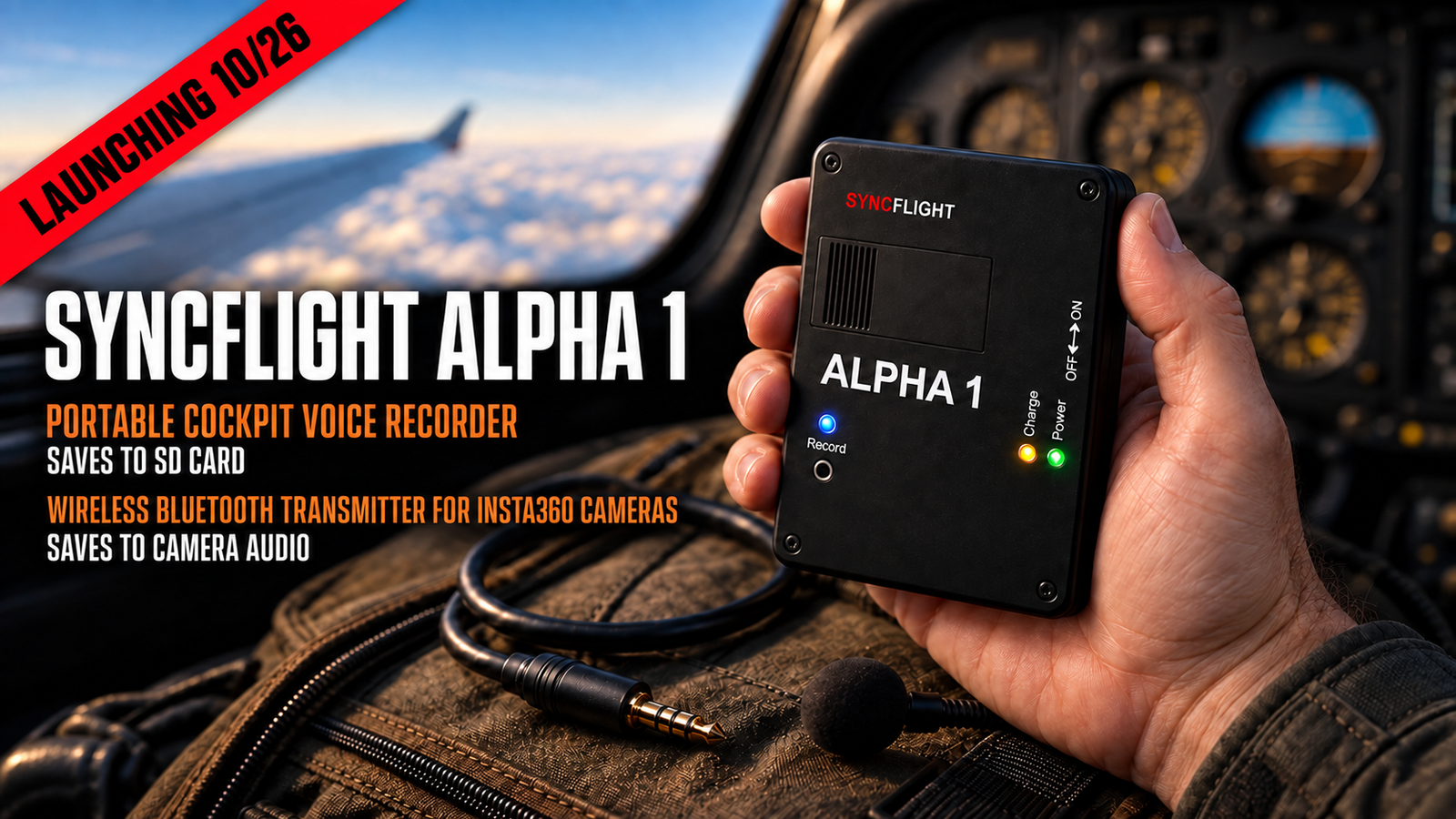 SyncFlight Alpha 1 recorder with an aviation headset inside a cockpit